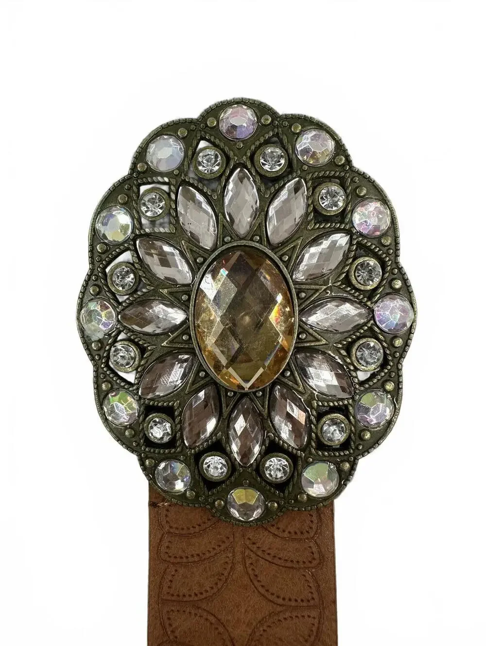 Brown Faux Leather Belt with Crystal Buckle